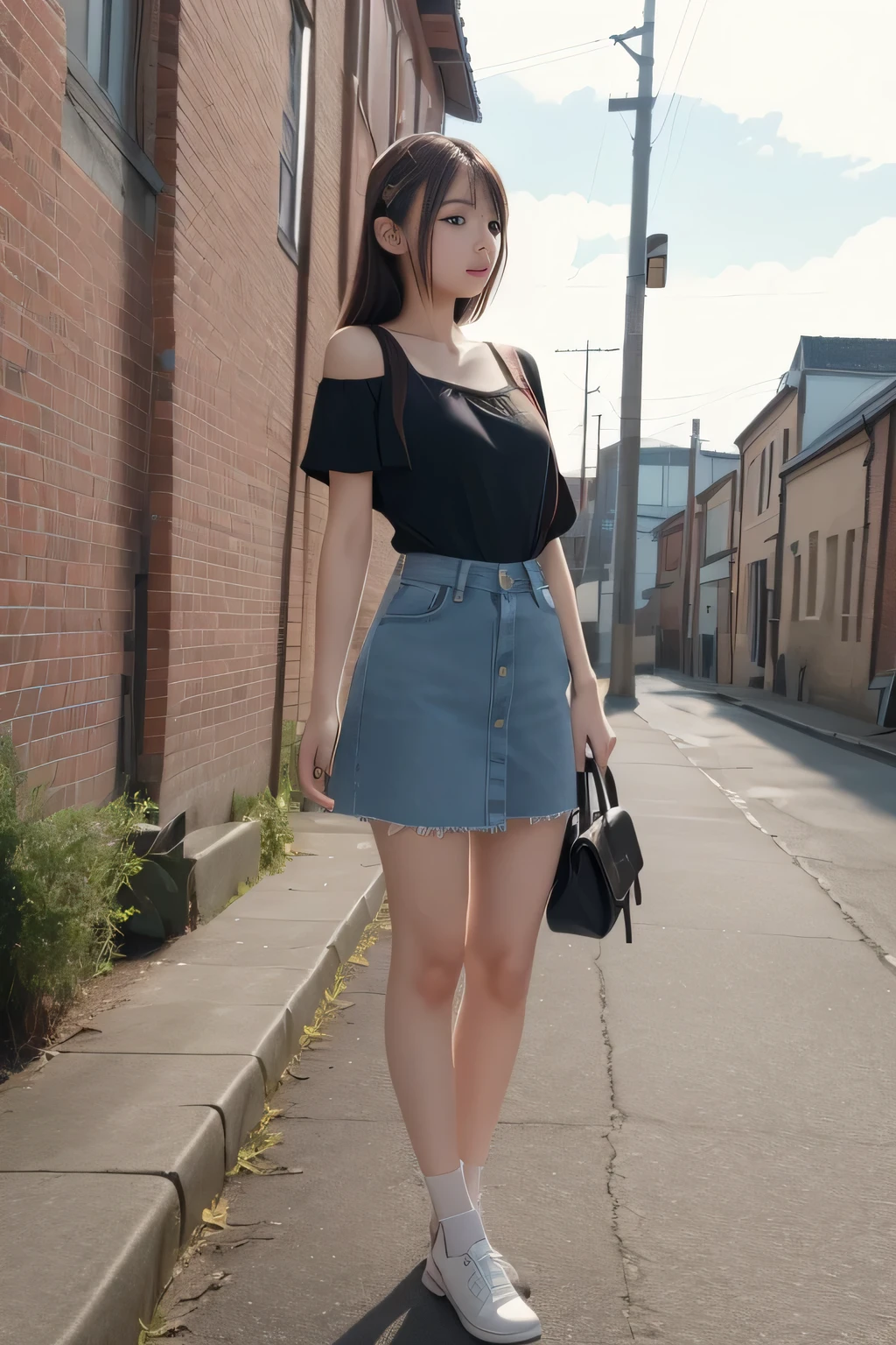 1girl,highres,  high quality,  masterpiece,  bare shoulder, school wear, breakwater, dyke,