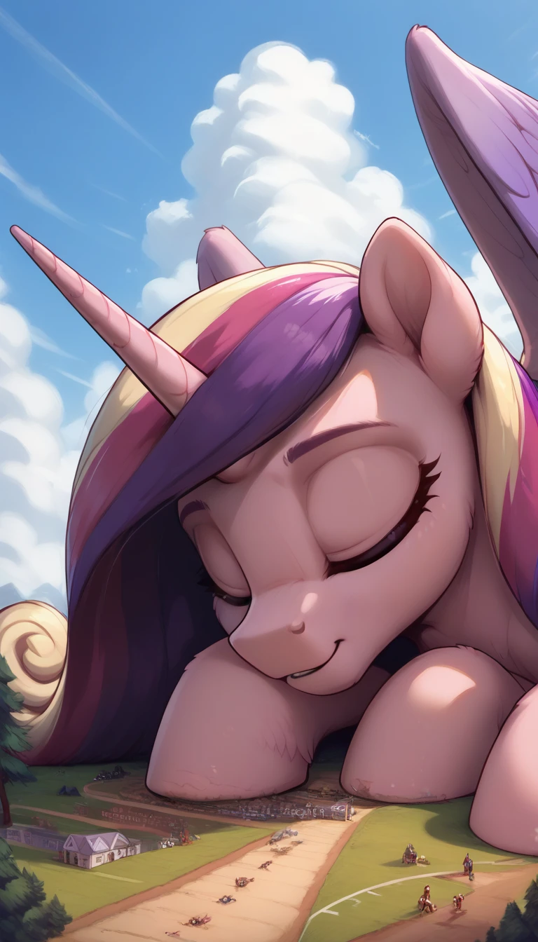 score_9, score_8_up, score_7_up, score_6_up,
(Princess Cadence) fur, body fur, feral, source_pony, pony, cute female, long hair, wings, 
cute,
GTS, giantess, macro, (sleeping, lying on side:1.3), from back on side view, low angle shot, on all fours:1.5, daytime, outdoors,detailed background, (fisheye:1.2), (perspective:1.3), full body, looming, low angle, from the ground, (close-up portrait),