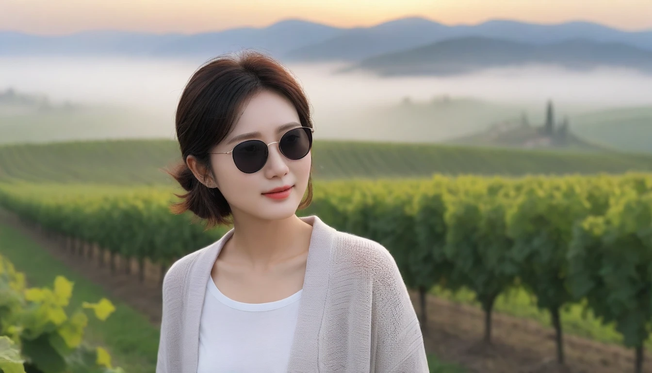 8k realistic, lifelike photo,, 36 year old Korean woman, Short in stature, pretty like a model. White shirt and short cardigan, casual pants, short medium hair, Smiley, Italy. vineyard, thick dawn fog. vineyard 멀리 짙은 안개 속으로 성당이 보인다. 1 woman, Short in stature, Excellent picture quality, The morning fog is thick, The picture quality is alive. Look to the side, black sunglasses