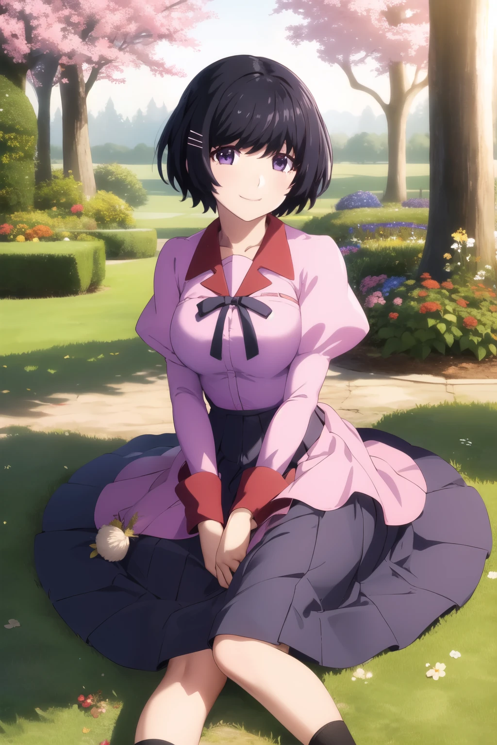 masterpiece, Highest quality, High resolution, detailed, One girl, alone, View your viewers, smile, , Hanekawa 01, short hair, Large Breasts, skirt, Black Hair, Pink Shirt, hair ornaments,, Purple eyes, Hair Clip, Long sleeve, Puff sleeves, Juliet Sleeve, Naoetsu High School , close, Sit on the ground,  garden, wood, 