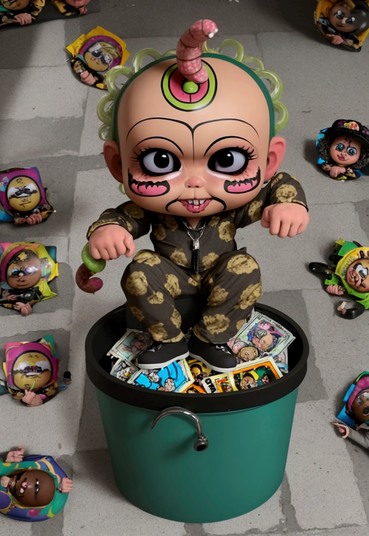 Medusa turning men into stone, ((garbage pail kids style)), in Greece, no text, wide angle, cartoon, high quality, watercolor, detailed, full body