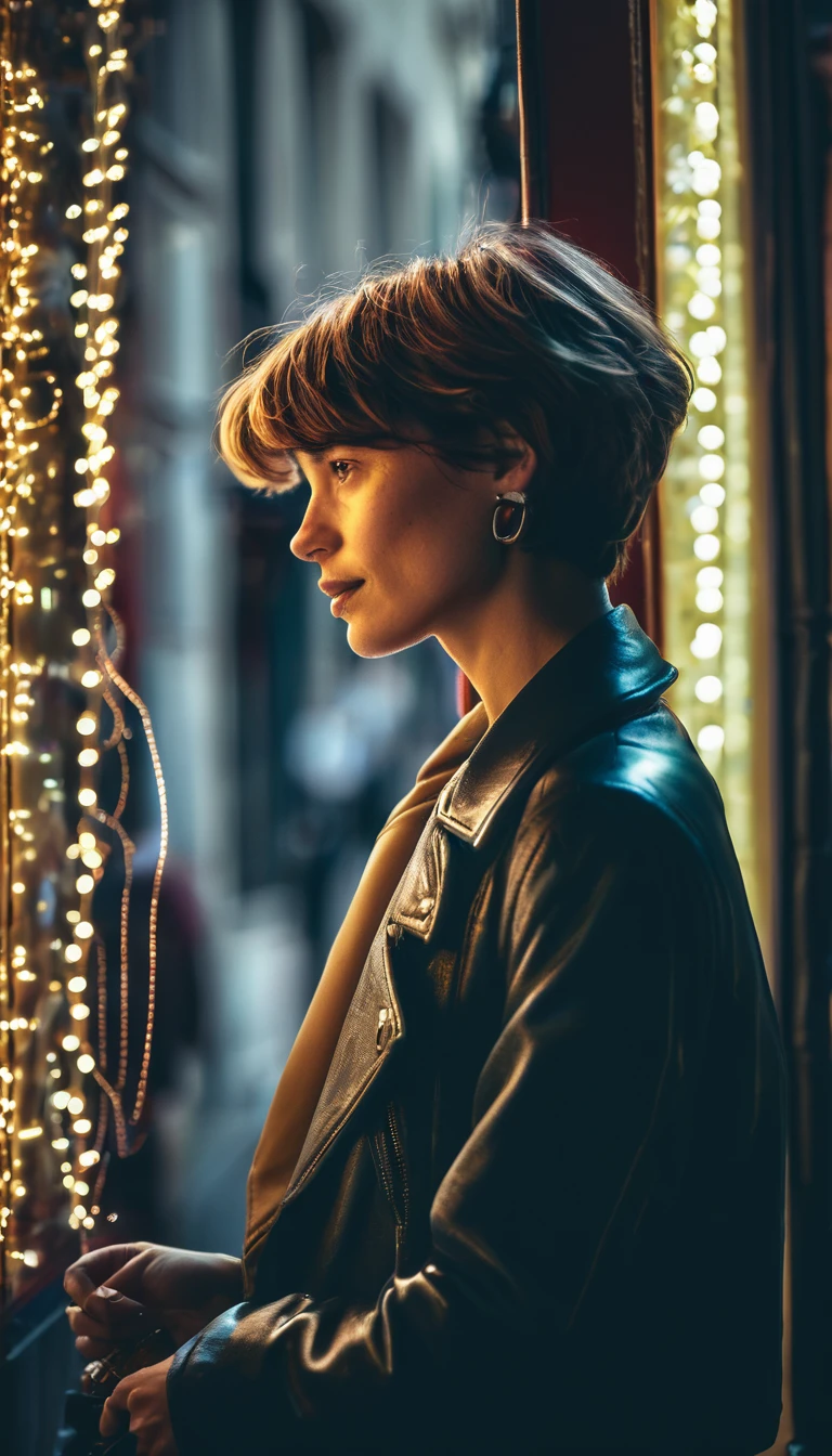 Street photography photo of a stylish French girl, with short hair, capturing her while window-shopping, upper body framing, on a quaint Parisian street, with neon lighting from shop signs, shot from a high angle, with a (bokeh effect:1.3), (in the style of Steven Klein:1.4)