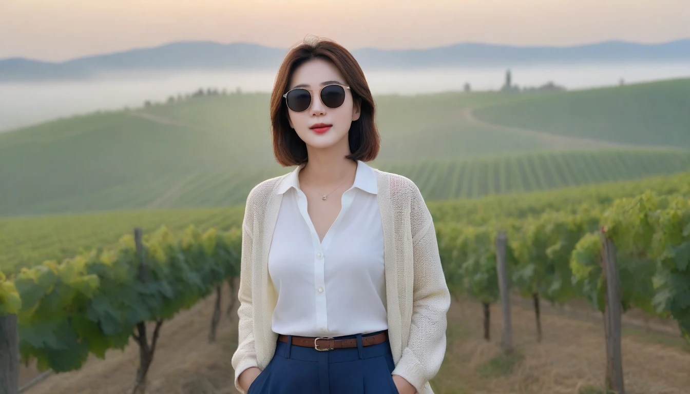 8k realistic, lifelike photo,, 36 year old Korean woman, Short in stature, pretty like a model. White shirt and short cardigan, casual pants, short medium hair, Smiley, Italy. vineyard, thick dawn fog. vineyard 멀리 짙은 안개 속으로 성당이 보인다. 1 woman, Short in stature, Excellent picture quality, The morning fog is thick, The picture quality is alive. Look to the side, black sunglasses