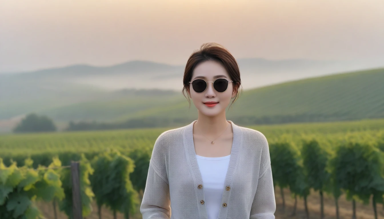 8k realistic, lifelike photo,, 36 year old Korean woman, Short in stature, pretty like a model. White shirt and short cardigan, casual pants, short medium hair, Smiley, Italy. vineyard, thick dawn fog. vineyard 멀리 짙은 안개 속으로 성당이 보인다. 1 woman, Short in stature, Excellent picture quality, The morning fog is thick, The picture quality is alive. Look to the side, black sunglasses