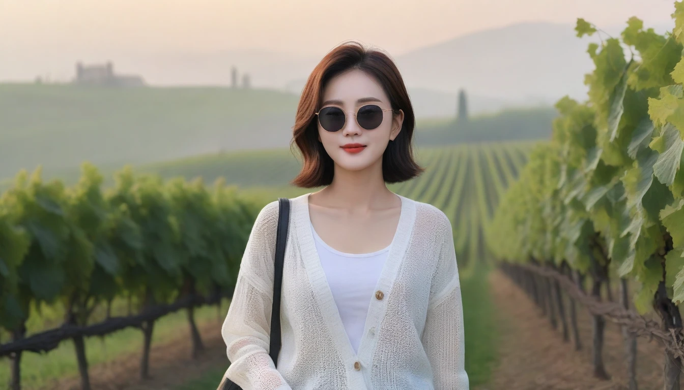 8k realistic, lifelike photo,, 36 year old Korean woman, Short in stature, pretty like a model. White shirt and short cardigan, casual pants, short medium hair, Smiley, Italy. vineyard, thick dawn fog. vineyard 멀리 짙은 안개 속으로 성당이 보인다. 1 woman, Short in stature, Excellent picture quality, The morning fog is thick, The picture quality is alive. Look to the side, black sunglasses