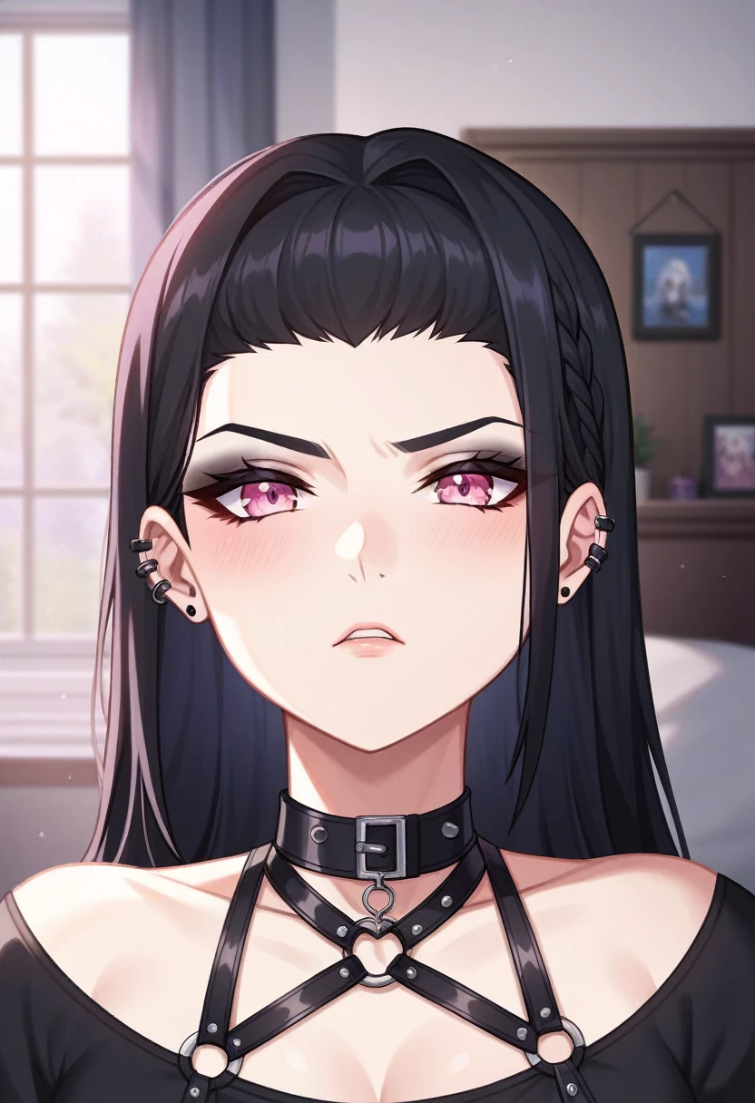 Adult, Female, long Black hair, goth girl, pink eyes gothic aesthetic, goth clothing, goth make up, thick thighs, medium chest, annoyed, disgruntled, bedroom, gothic bedroom, aesthetic bedroom, Masterpiece, Accurate, Anatomically Correct, Best Quality, High Details, Detail, Super Detailed, Best detail, Perfect detail, Amazing detail, [-3, 3], Close-Up, Looking at viewer, up close, headshot