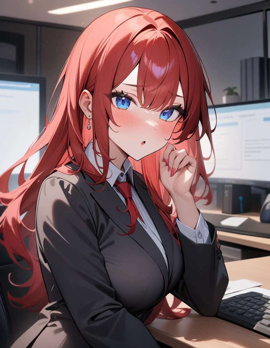 1girl, atractive,suit,long red hair,blue eyes,office,masterpiece,very aesthetic,newest,sensitive