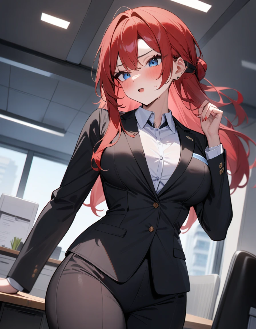 1girl, atractive,suit,long red hair,blue eyes,office,masterpiece,very aesthetic,newest,sensitive
