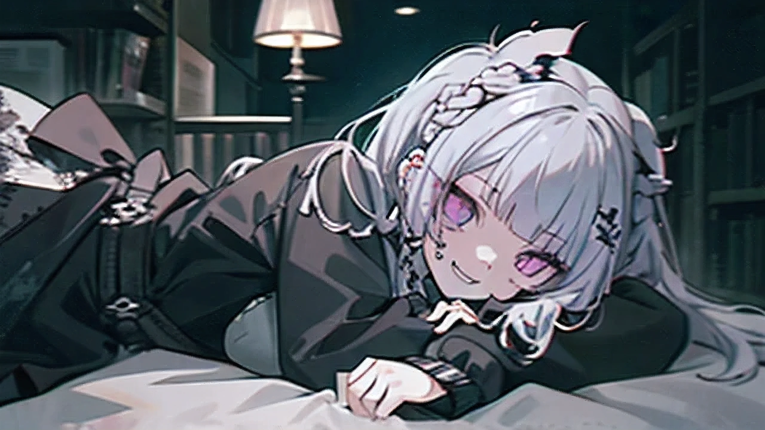 masterpiece,best quality, //////////////1girl,solo,sharp teeth,teeth,braid,twin braids,,grey hair,looking at viewer,purple eyes,long hair,horror \(theme\),blood,long sleeves,upper body,shirt,smile, //////// ,lying