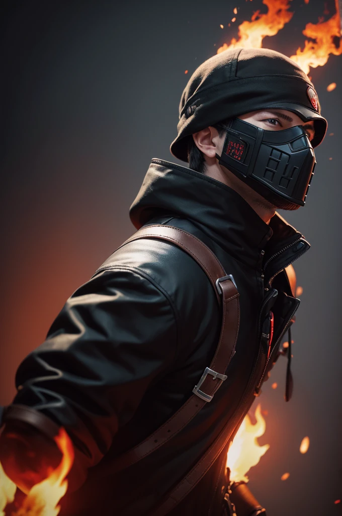 A man with a forward cap shooting fire from the side and a black mask with red details and a red eye in high quality 8k
