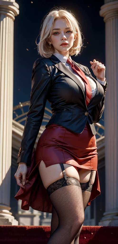 Standing under the immense American flag, the president, wearing a red tie, is dressed in formal attire appropriate for the occasion.At the White House in the United States, during the presidential inauguration ceremony, the spotlight is on her. The female president is taking the oath of office, with short golden hair, a formal suit, a mini skirt, and a grand ceremony.an elderly woman, a mature woman, with pale hair, and a look of fatigue.wearing the pantyhose and garter belt stockings and fishnet stockings,fleshy thigh ,thick thigh ,big round breasts,huge breasts ,perfect body;In the open square, a grand ceremony.