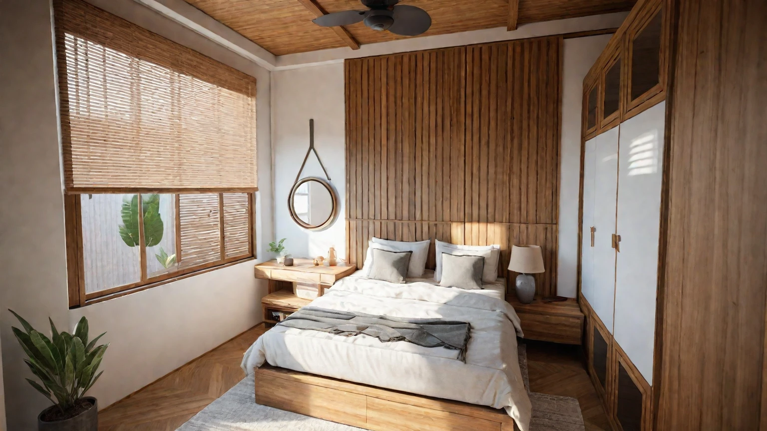 there is a bed in a room with a wooden ceiling, inside of a bedroom, Brown ceiling fan, furniture made of wood, wardrobe next to the bed, The room is on the 1st floor, natural light in room, vray 8k render, bed room, rendered in vray, rendered in corona, vray rendered, high- quality render, rendered in lumion pro, 8k vray render, corona render