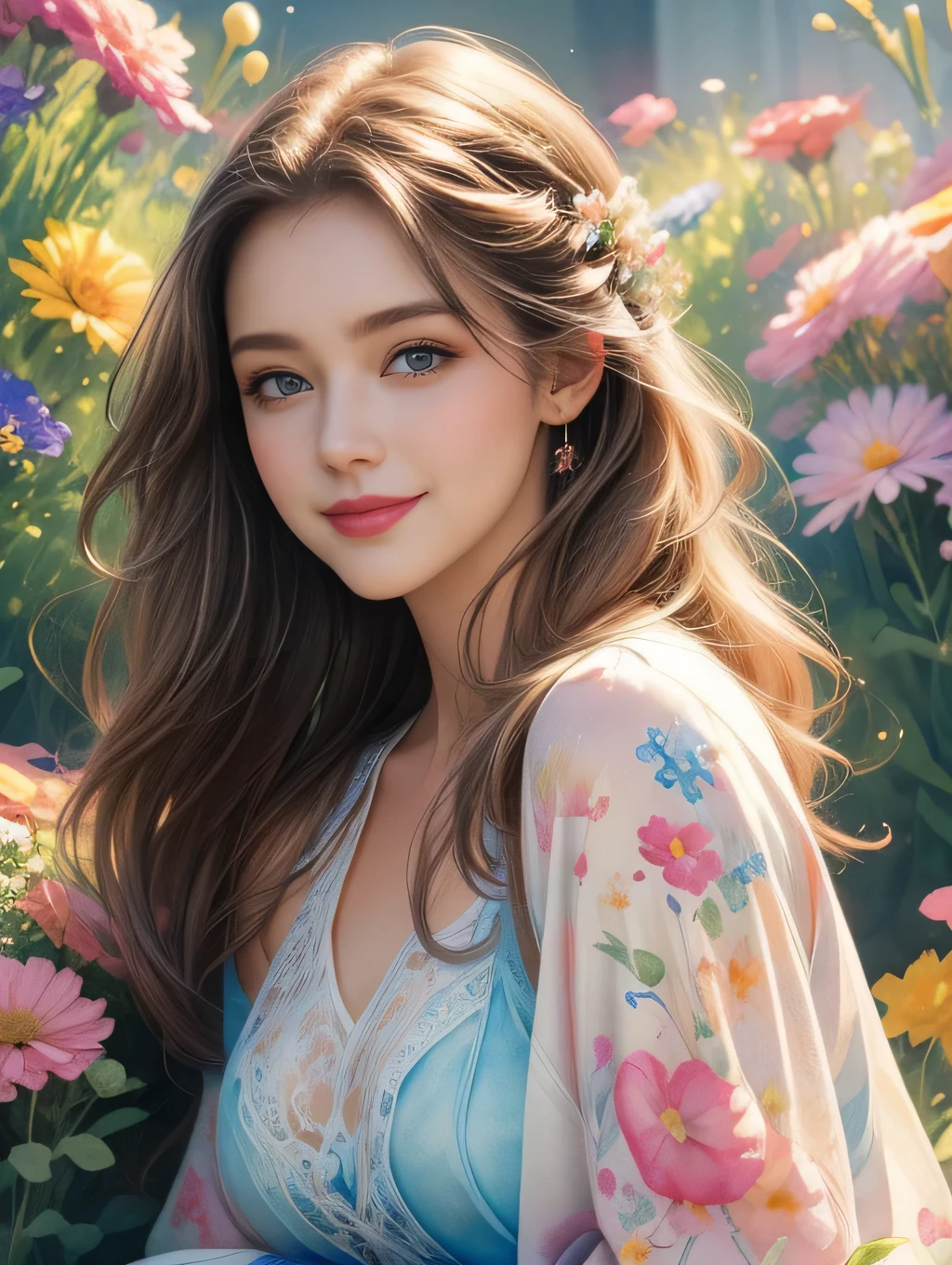 masterpiece, top quality, detailed, beautifully rendered, beautiful, watercolor, watercolor, light colors, young woman, surrounded by colorful flowers, upper body, pretty smile, bobbed hair, beautiful blue eyes, glossy lips, upper body shot, soft surface, 4K graphic,