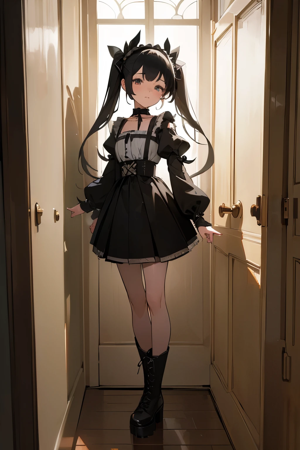 (masterpiece, Highest quality, 8k, RAW Photos, beautifully、aesthetic:1.2), Intricate details, One girl, (whole body:1.2), Door Mary, Twin tails, x Hair accessories, Hair Ribbon, choker, Harness, Black Skirt, Black Dress, Removable sleeves, black sleeves, Platform boots,