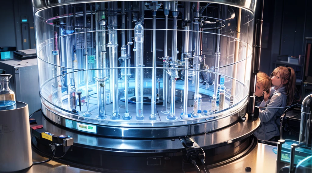 a group of male and female scientists working in a laboratory, detailed scientific equipment, complex scientific formulas, intense concentration on their faces, safety goggles, white lab coats, beakers and test tubes, periodic table, microscopes, computer monitors, complex machinery, blue and white color tones, dramatic lighting, (best quality,4k,8k,highres,masterpiece:1.2),ultra-detailed,(realistic,photorealistic,photo-realistic:1.37),laboratory,science,experiment,chemistry,physics,research