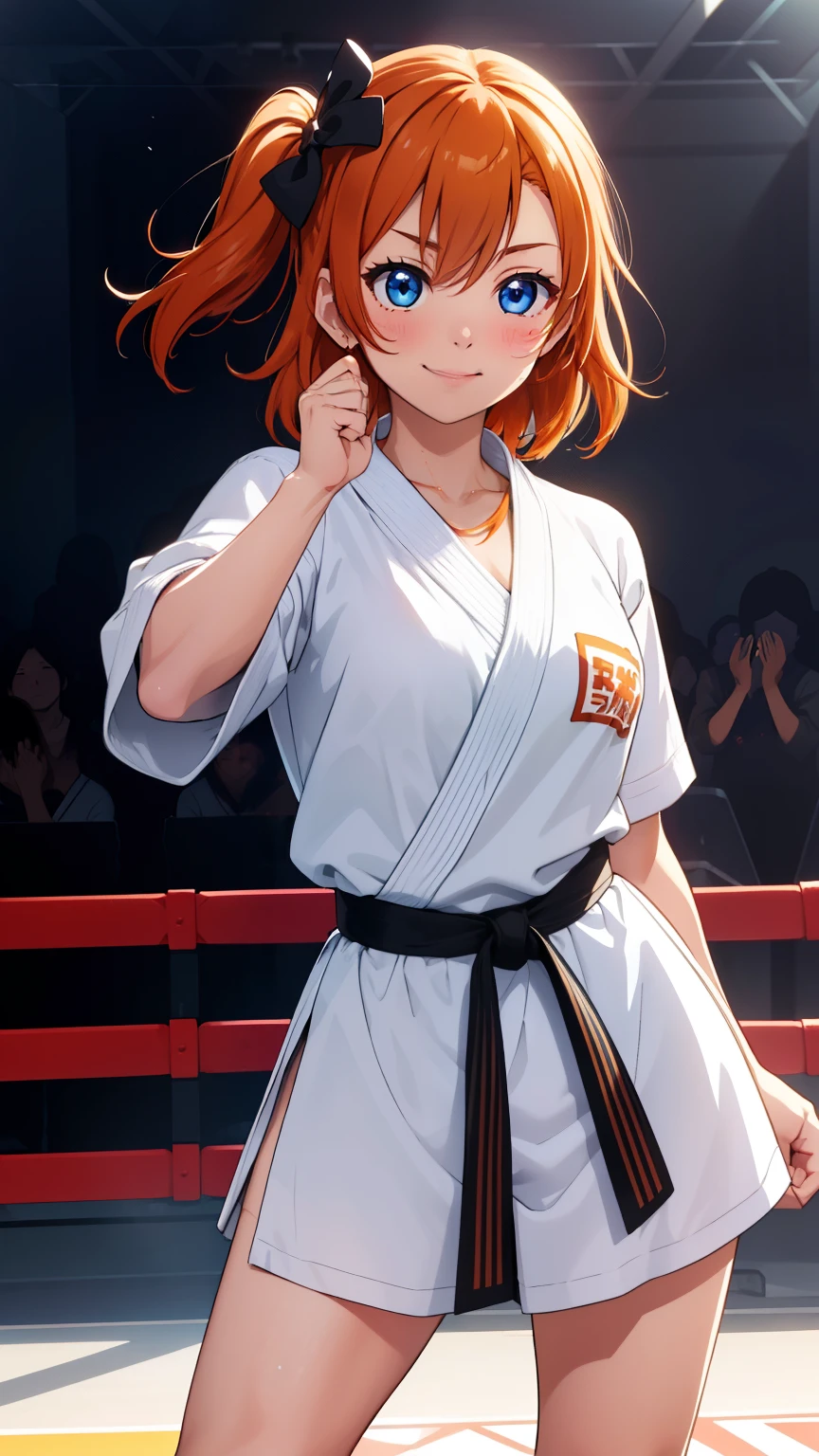 (masterpiece, 最high quality, high quality), Upper Body,Volumetric lighting, figure, beautiful, Perfect lighting, Perfect Shadow, (Nice views:1.1), Blushing, In-person audience, Are standing,Honoka Kousaka, blue eyes, Orange Hair,Empty-handed,White Karate Custom, Big Breasts, sweating, smile、Straight punch、In-person audienceにStraight punch、Raise your fist towards the audience、Serious、Desperate