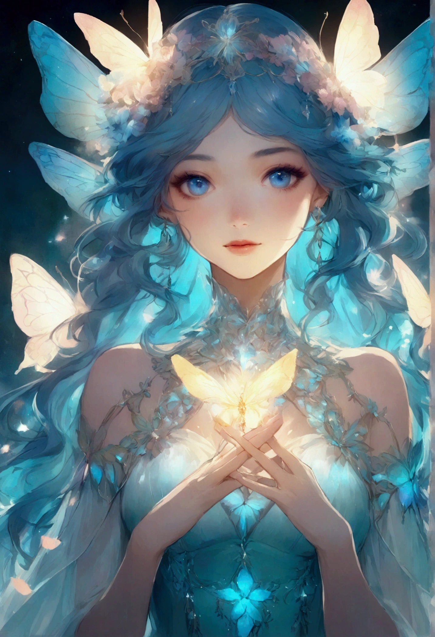 Create an anime-style digital illustration featuring a young woman with short, pastel blue hair and striking blue eyes. She should be wearing a white, flowy dress that shimmers with reflective light. The background should be ethereal, with soft pink and blue hues, giving a dreamlike atmosphere. Include elements like delicate glowing butterflies and sparkling light effects to enhance the magical feel of the scene. Ensure the lighting highlights the character's features, adding a soft glow around her to create a serene and enchanting mood.bioluminescent dress