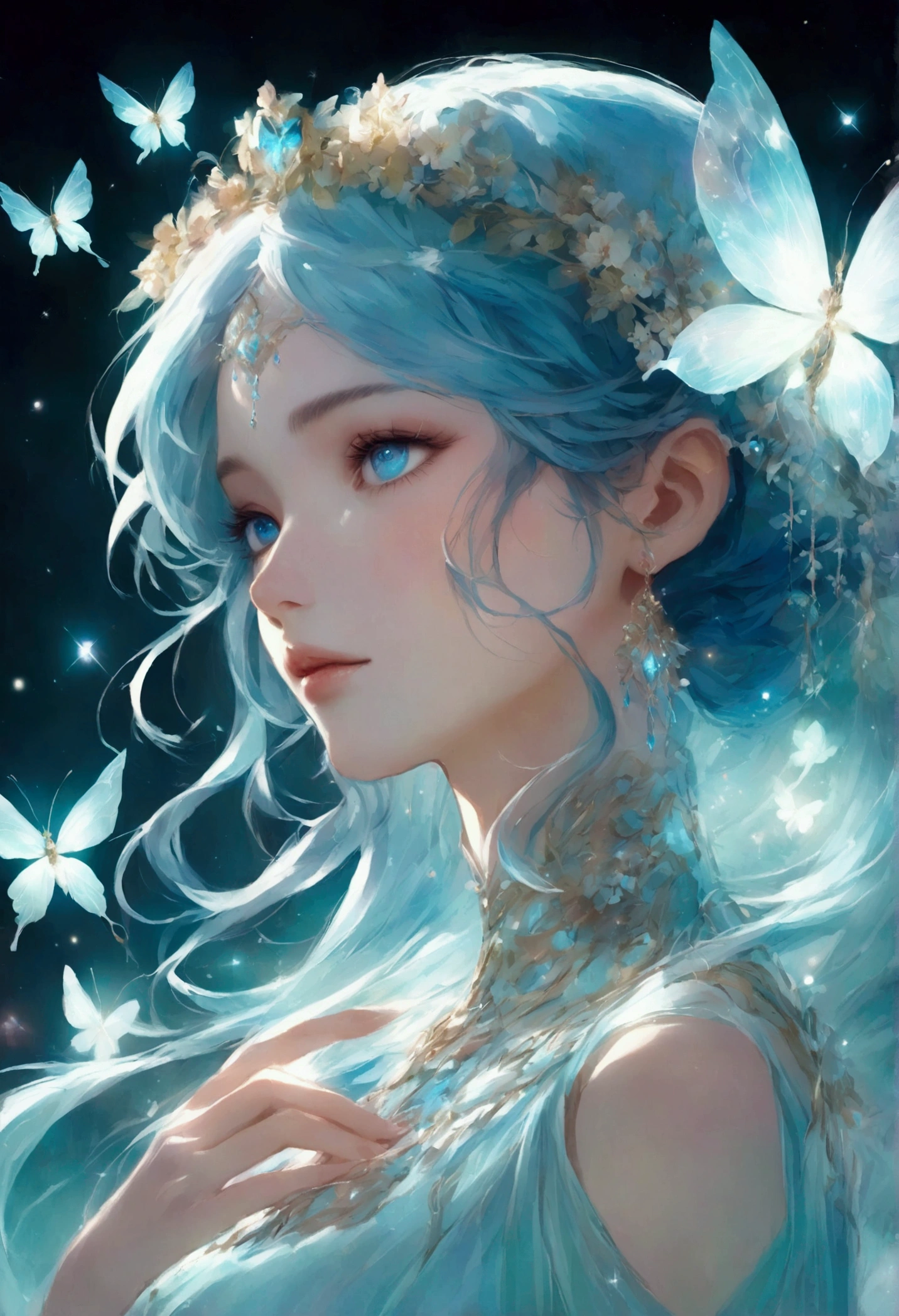 Create an anime-style digital illustration featuring a young woman with short, pastel blue hair and striking blue eyes. She should be wearing a white, flowy dress that shimmers with reflective light. The background should be ethereal, with soft pink and blue hues, giving a dreamlike atmosphere. Include elements like delicate glowing butterflies and sparkling light effects to enhance the magical feel of the scene. Ensure the lighting highlights the character's features, adding a soft glow around her to create a serene and enchanting mood.bioluminescent dress