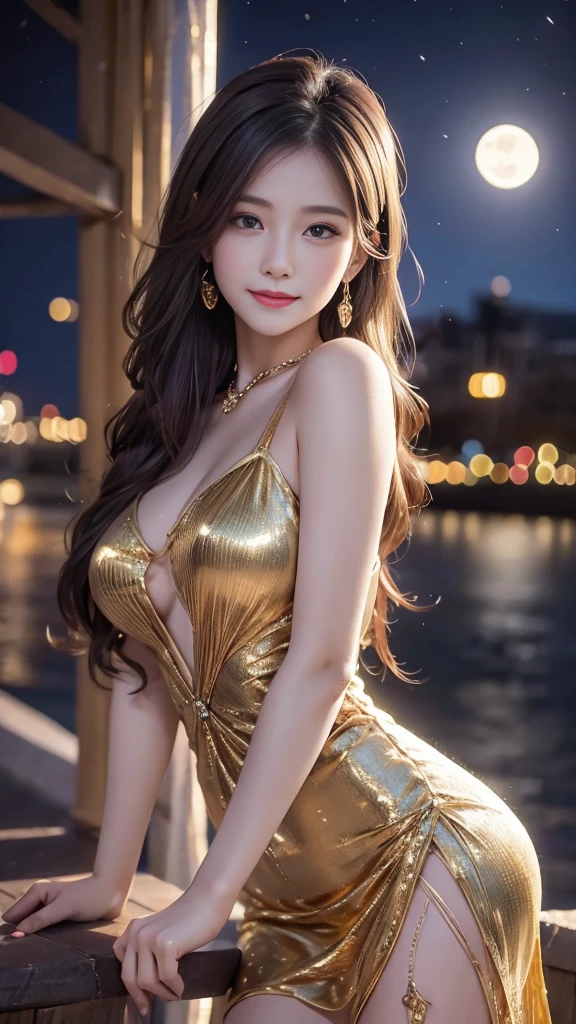 Body portrait, 8K, Slender beautiful eyes, Tyndall effect, masterpiece, Top quality, high quality, high resolution, Very detailed photos, (Natural skin texture, Delicate skin, Surrealism, Super sharp), High Detail Skin, (very good, Delicate skin texture, Intricate details, Pretty Face, Realistic face, Realistic eyes, Beautifully detailed eyes, Realistic skin, Beautiful Skin, Surrealism, Very detailed golden ratio, Smiling eyes, Night moonlight background, Body portrait, Glamorous, Sexy knitted dress,