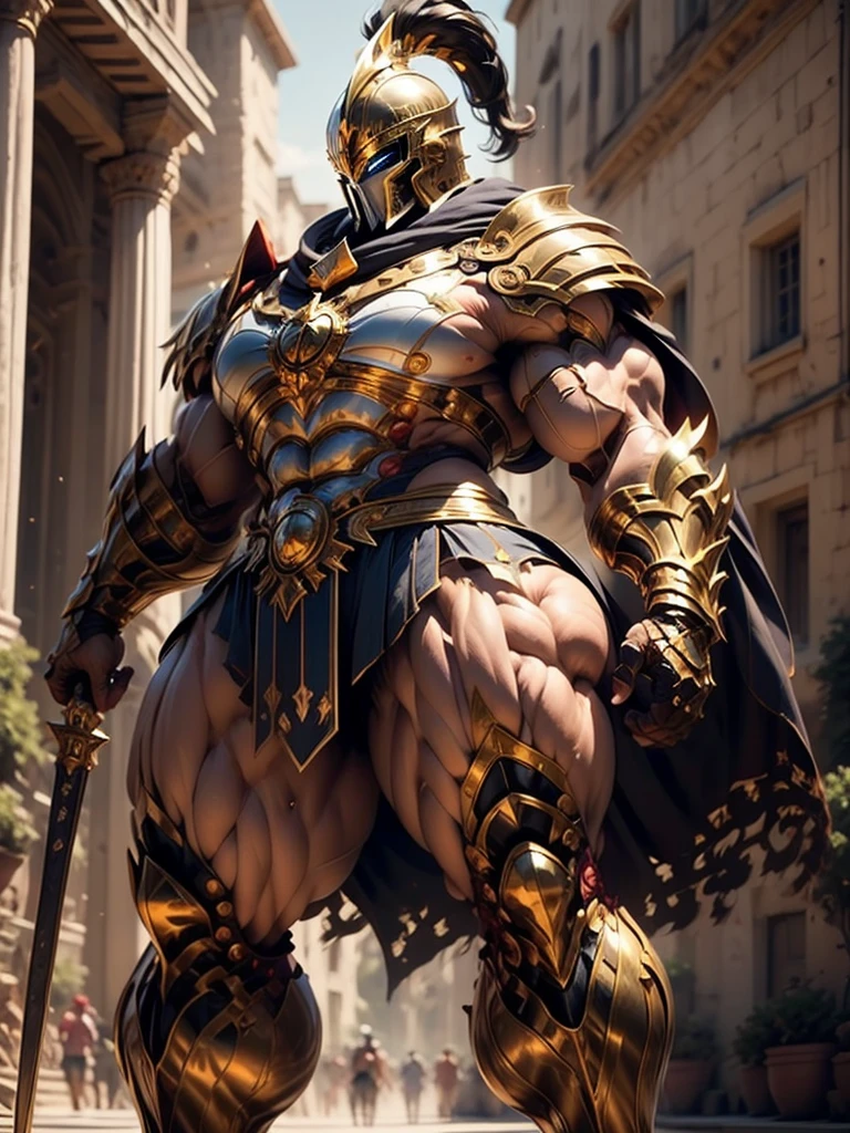 a beautiful warrior in golden Greek armor, Bblack hair, hoplite helmet, muscular, huge and heavy breasts, looking ahead at viewer, from front view, model photo poses, work of art, best qualityer, 8k, nblurry background, medieval fantasy castle in the background