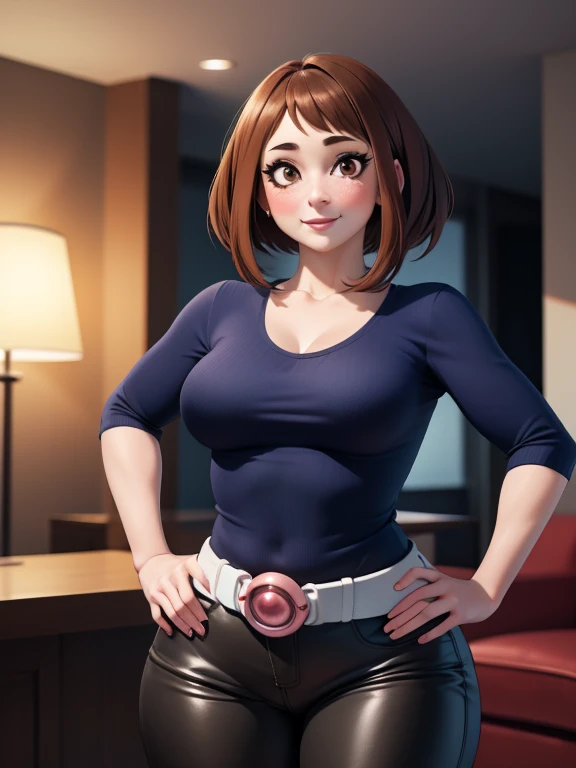 high quality, best quality, beautiful, perfect lighting, detailed face, mature face, ((1girl)), ((solo)), Imagine Ochaco Uraraka as an adult, 45 years old, MILF, plus sized milf, short brown hair, brown eyes, ((blush)), smile, looking at viewer, black leather pants, dark blue shirt, white belt, white heels, ((medium breasts)), wide hips, thick thighs, chubby, love handles, muffin-top, round belly, protruding gut, living room, hands on hips,
