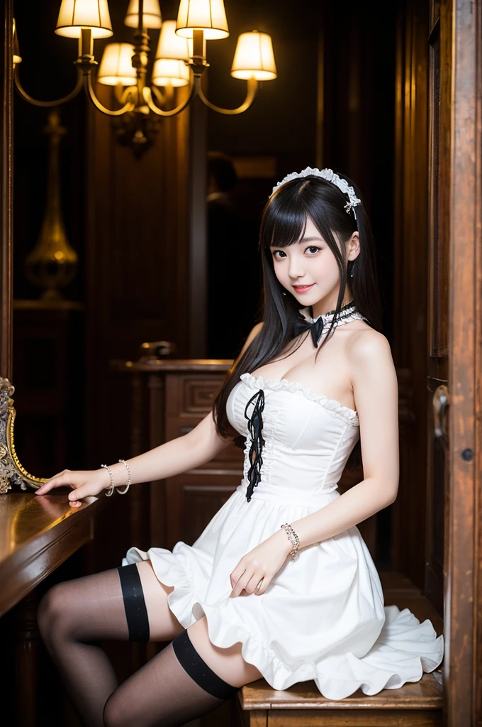 (Only one person), Pure Japanese young girl, wearing white gothic Lolita style dress and accessories, stockings, high heels, vivid makeup and lips, thick eyebrows, arranged and dyed hair styles, sweet smile, sitting in antique gothic style interior, summer midnight, pop atmosphere, dazzle me, professional photography,