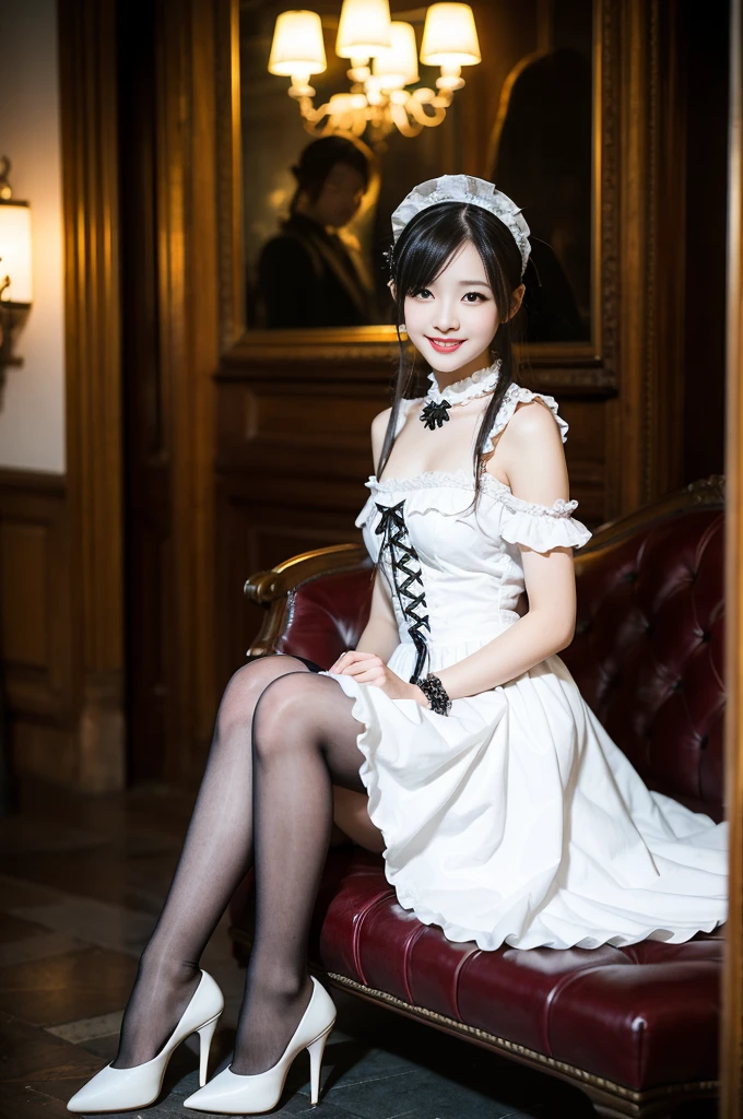 (Only one person), Pure Japanese young girl, wearing white gothic Lolita style dress and accessories, stockings, high heels, vivid makeup and lips, thick eyebrows, arranged and dyed hair styles, sweet smile, sitting in antique gothic style interior, summer midnight, pop atmosphere, dazzle me, professional photography,
