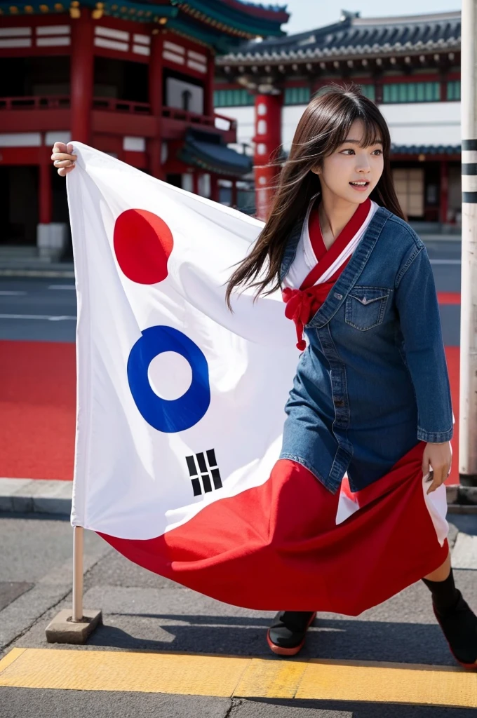 Korean woman tramples on the Japanese flag