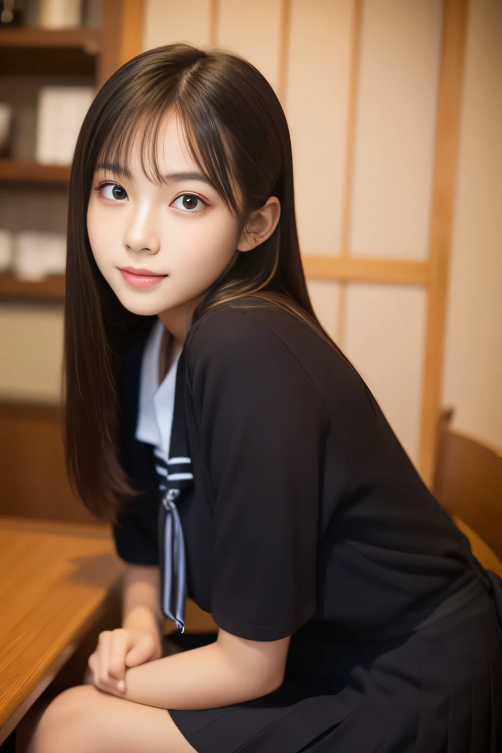 1 girl, There is a woman sitting on a chair , school girl, gorgeous young korean woman, beautiful Japanese girl, beautiful young Japanese girl, young and cute asian face, popular Japanese makeup, 8k selfie, beautiful japanese girl face, girl cute beautiful face, young and adorable Japanese face, beautiful asian girl, one adorable Japanese face, rich bust