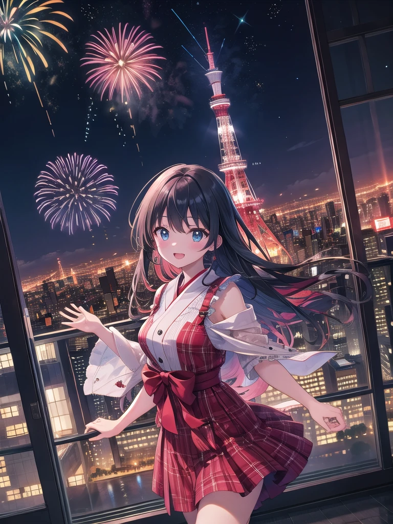 Anime style, ultra fine illustration, highly detailed, dynamic angles, beautiful details, 8k, On a summer night, from the indoor observation deck "Tokyo City View" of Roppongi Hills Mori Tower, BREAK fireworks light up the sky, Tokyo Tower and Skytree sparkle. BREAK A woman, her eyes shining with excitement, is impressed by the breathtaking view.