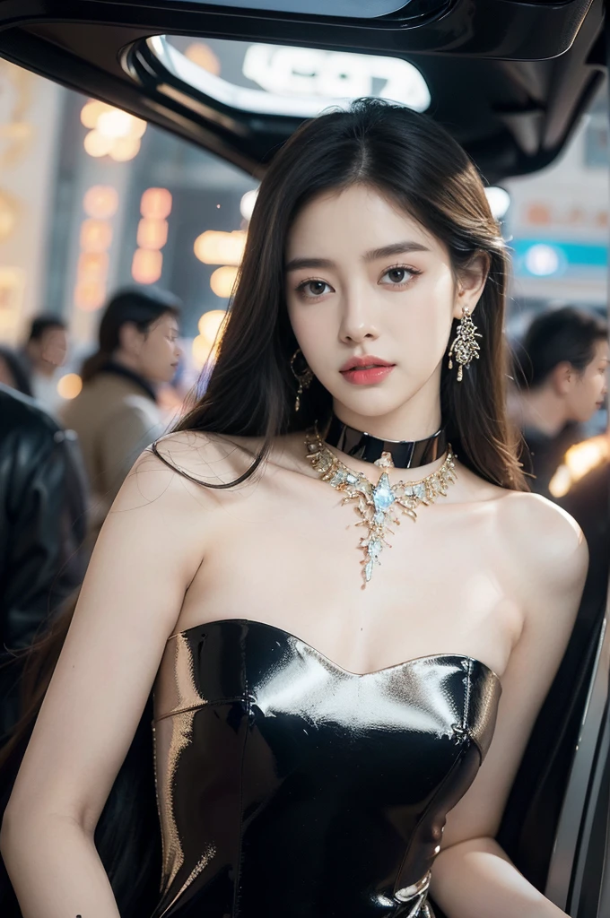 (((best quality))),(((ultra detailed))),(((masterpiece))),illustration,((1girl,gorgeous female model,solo)),((earrings,crystal collar)),((slim,thin)),((small breasts,flat chest)),(slender legs:1.2),(standing:1.3),(beside a sleek futuristic car:1.3),(glamorres sparkled dress:1.3),intricate embellishments,drop-dead gorgeous,(shoulder length straight hair:1.2),vibrant piercing eyes,delicate facial features,rosy cheeks,parted res lips,confident allure,beauty grace,intricate patterns,shimmering fabric,elegant draping,complementary skin tone,radiates beauty,allure,sleek streamlined design,futurism,smooth curves angles,ambient lighting,ethereal aura,intricate patterns,LED lights,glow,sea of activity,(surrounded by crowded crowds:1.3),examine cars,electric atmosphere,cyberpunk style,excitement anticipation,energy palpable,enthusiasm future automobiles,modern elegance,technological innovation,captivating vibrant scene,invite viewers step into future,embrace beauty,((from front,upper body))