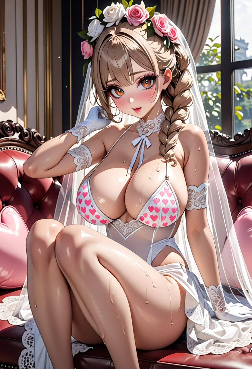(((Highest quality, Ultra-high resolution、The most complex and detailed depiction)))、((masterpiece:1.3)), (8k, RAW Photos, Best image quality: 1.4), Very detailedな顔、Attention to detail、(Beautiful woman:1.4),(Realistic:1.4) (8k, RAW Photos,), (photo-Realistic:1.2), Very detailed, Beautiful attention to detail, (girl:1.3)、(((Bride in prom dress)))、(Embarrassing、He looks at me with a sad expression、(Ecstatic expression,blush))、(Dark eyeliner、Eyelash length、False eyelashes、double eyelid、Brown eyes:1.5)、Light fluorescent lip gloss, ((hostess:1.5)),(((pink heart print bikini、Red and white big heart pattern),(Pink tea bags)、(White wreath on head、Wedding Veil、Maria Bale))、Pink heart choker around the neck),(((open wedding dress)))、(((White Mesh Opera Gloves))),(Huge breasts:1.6),、(Cleavage:1.2)、(((Light brown hair、Braided hair、((Tie your hair behind your head,Put your hair up)))))、(Gal-style makeup、Dark eyeliner、Black eyeliner、Heavy eye makeup、Eyelash length、False eyelashes、Eyelash length:1.32)、Big eyes、Large pupils、elongated nose、Heavy makeup、Face with gills、Spread your legs and face forward.、(((whole body)))、Spread your legs座る、Spread your legs、sexy、Glamorous Body、(Saggy breasts、Large saggy breasts)、((Sweat、Your body is wet))、(((Sit on a plush sofa)),(Hold your knees and spread your legs)