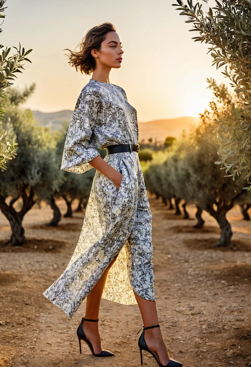 ((best quality)), ((masterpiece)), (detailed), full body shot, fashion photo shot, dynamic pose, dynamic angle, sunsetting in the background, young italian woman, wearing Dior apparel. she is looking off at the sunset, olive trees in the distance