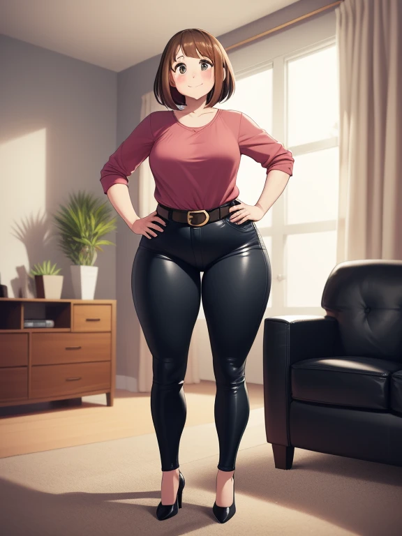 high quality, best quality, beautiful, perfect lighting, detailed face, mature face, ((1girl)), ((solo)), Imagine Ochaco Uraraka as an adult, 45 years old, MILF, plus sized milf, short brown hair, brown eyes, ((blush)), smile, looking at viewer, black leather pants, dark blue shirt, white belt, white heels, ((medium breasts)), wide hips, thick thighs, chubby, love handles, muffin-top, round belly, protruding gut, living room, hands on hips,