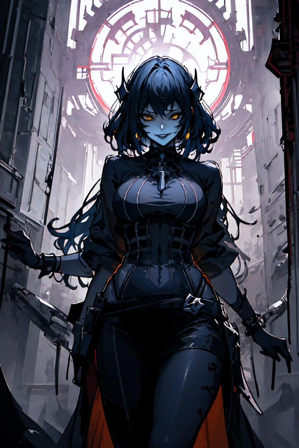 Dark and torn, ((Alone 1 Dark Malicious Underworld Woman Evil Smile, I narrowed my eyes.:1.3)), Beautiful muscular body, Intense expression, He has a gun, (The color of your clothes, warm, orange, yellow, violet: 1.3), Standing in a desolate field, Dramatic lighting, Intense Shadows, Sand Texture , High Contrast, Bright colors, Dynamic pose, Strong posture, Rough background, Explosive atmosphere, Dystopia Theme, Surreal elements, Digitally drawn illustrations, High resolution, Intricate details, Dramatic composition, Avant-garde and chaotic brushwork, Gothic style, Intense emotions, Scale Epic, born々Rough and gritty, A fascinating and provocative work of art..
