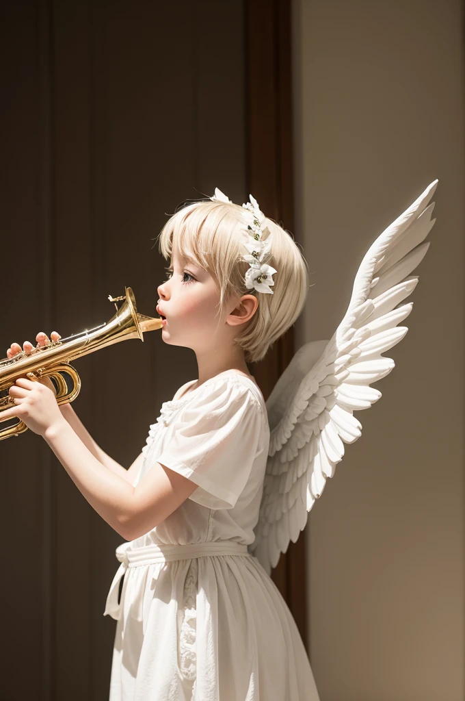 a white angel playing the trumpet