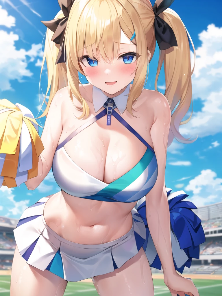 (masterpiece:1.3), (Absurd:1.3), (Highest quality:1.3), The Hands of Guido Daniele, (Very detailed:1.3),(Best Shadow:0.7), (handled hair), One girl, alone, SH1, Aizawa Ema, Large Breasts, Cleavage, blonde hair, 非対称の前hair, 鈍い前hair, blue eyes, hair ornament, smile, Open your mouth, (Wet, Wet_hair, Wet_Clothes, Wet_shirt, Oily skin, Shiny), (Cheerleader, Crop top, , Exposing shoulders, , Are standing, holding pom-poms), pom-pom \(cheer leading\), Outdoor rest, Stadium, sunlight, Bright sky, Blue sky with clouds, Wind, 神のlight, light,Erotic Twin tails naked