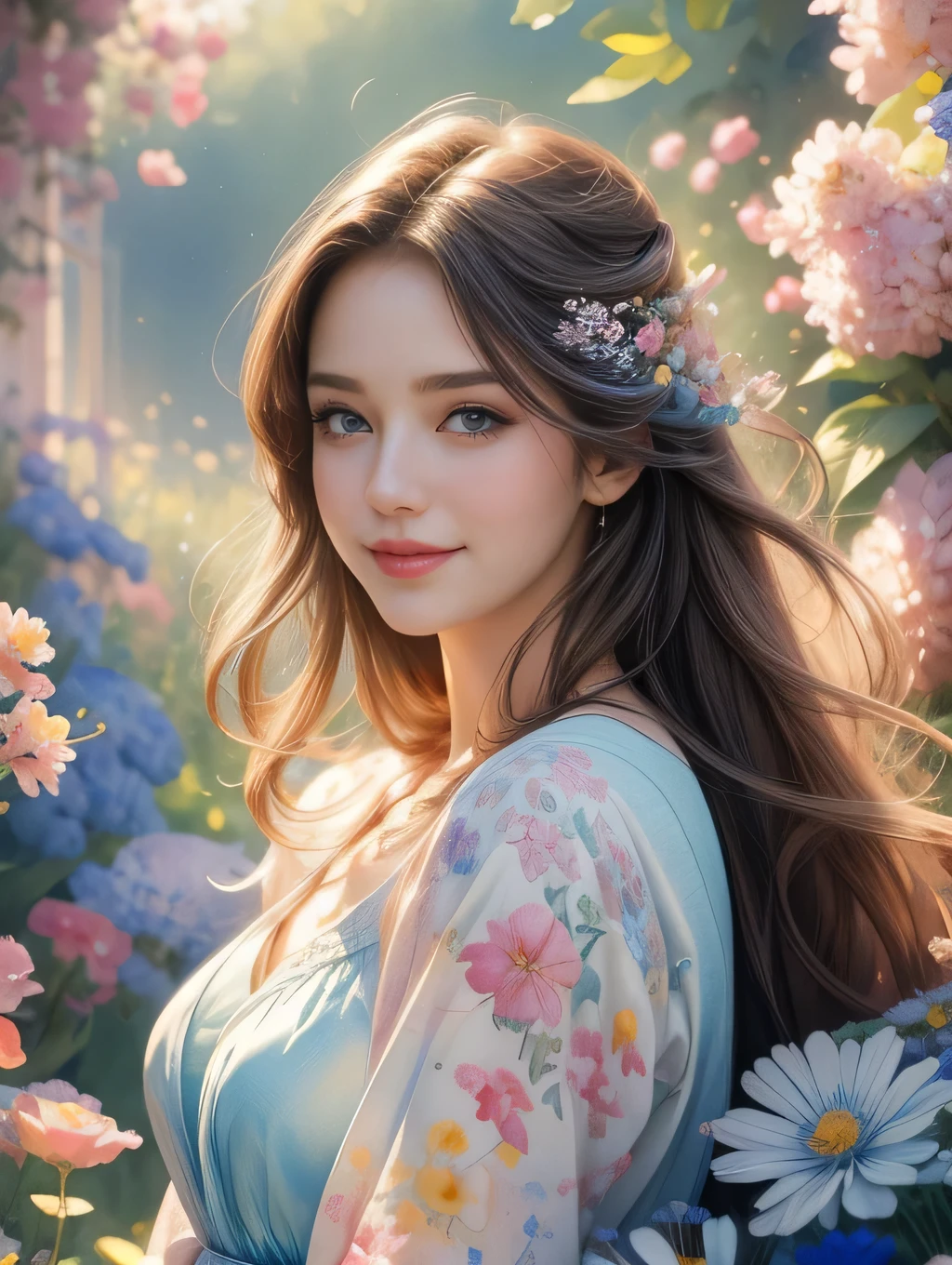 masterpiece, top quality, detailed, beautifully rendered, beautiful, watercolor, watercolor, light colors, young woman, surrounded by colorful flowers, upper body, pretty smile, bobbed hair, beautiful blue eyes, glossy lips, upper body shot, soft surface, 4K graphic,