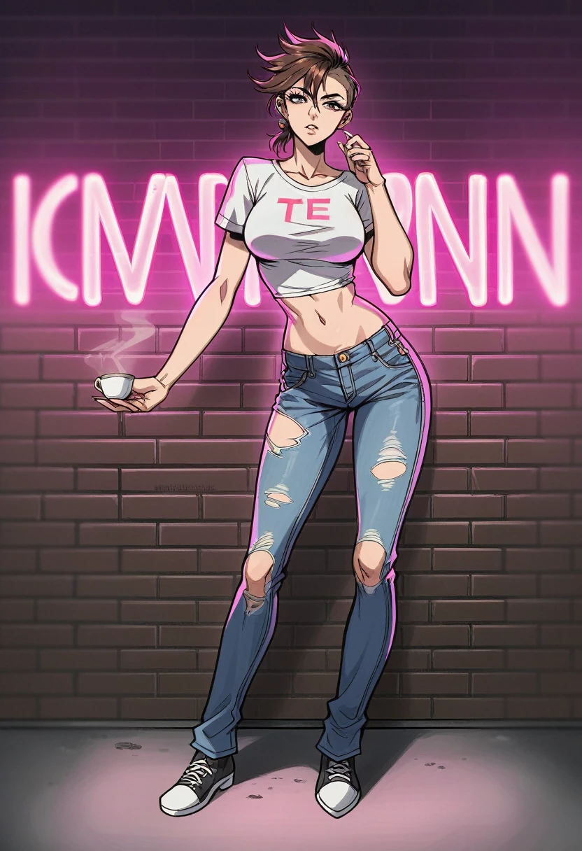 (masterpiece), (extremely complicated:1.3), (Realists), Full body picture of a woman, the most beautiful thing in the world, vor dem PC mit violetten neon lightsn (torn jeans, Belly-free, Lace & Jeansjacke), mahogany brown hair tied with pink and purple ribbons, punkstyle, otherwise dark room with black brick wall, neon lights, indoors, intense neon light, tea honey, Professional photo of a stunning woman detailed, keen focus, dramatic, Award-winning, cinematic lighting, Oktan-Render Unreal Engine, Volume measurement DTX, (film grain, blurred background) Chaya Honey