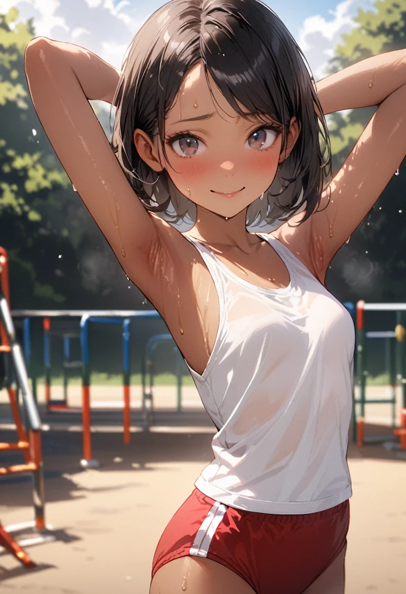 ((masterpiece,Highest quality:1.3,best quality illustration)),((realistic:1.2)),cowboy shot,独奏,1woman,18 year old beauty、black hair,short bob hair,(center parted bangs),black eyes,(gorgeous big eyes),((very small head:1.4)),shy,smile,((slender body:1.2,skinny)),(tan skin:1.4),small breasts,(White tank top、school gym red buruma),gleaming skin,oily skin,slender body,sweat,arms up,Show off your armpits、playground、Schoolyard、School、Tokyo、