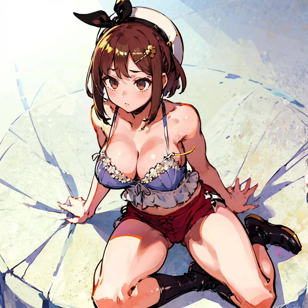 hand bra、Hide your with your hands、one-piece swimsuit, strap slip、nsfw, nipples、Chestnut Hair、Red swimsuit、Ocean、one-piece swimsuit, strap slip、Sandy Beach、Wet、Blushing、