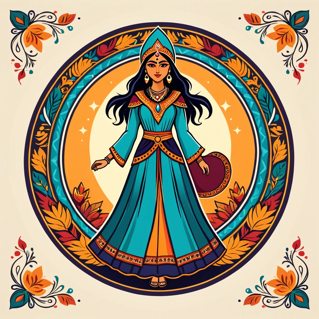 female wizard in indian folk outfit, vector graphics, strong contours, logo design
