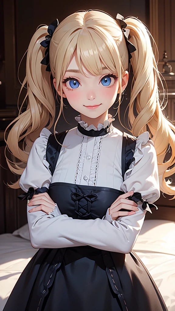 highest quality、Realistic、Women、zoom、cute、Blue eyes、blonde curly hair、Twin tails、Gothic Lolita、Glare、Looking down、smile、Bust Shot、Arms crossed、