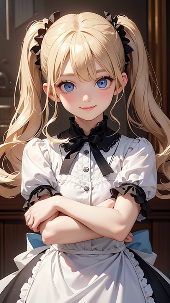 highest quality、Realistic、Women、zoom、cute、Blue eyes、blonde curly hair、Twin tails、Gothic Lolita、Glare、Looking down、smile、Bust Shot、Arms crossed、