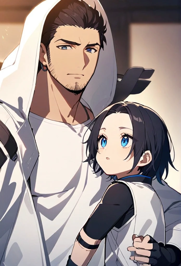 male, adult male, black hair, very short hair,open forehead, no bangs, stubble,blue eyes, white shirt, white raincoat, black gloves, short gloves, fingerless gloves 