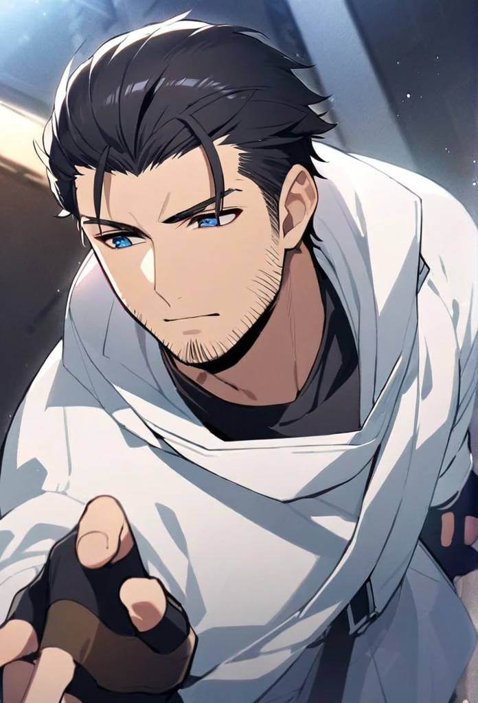 male, adult male, black hair, very short hair,open forehead, no bangs, stubble,blue eyes, white shirt, white raincoat, black gloves, short gloves, fingerless gloves 
