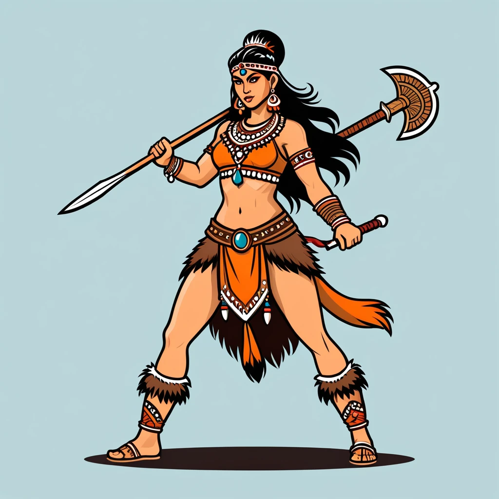 female barbarian in indian folk outfit, vector graphics, strong contours, logo design