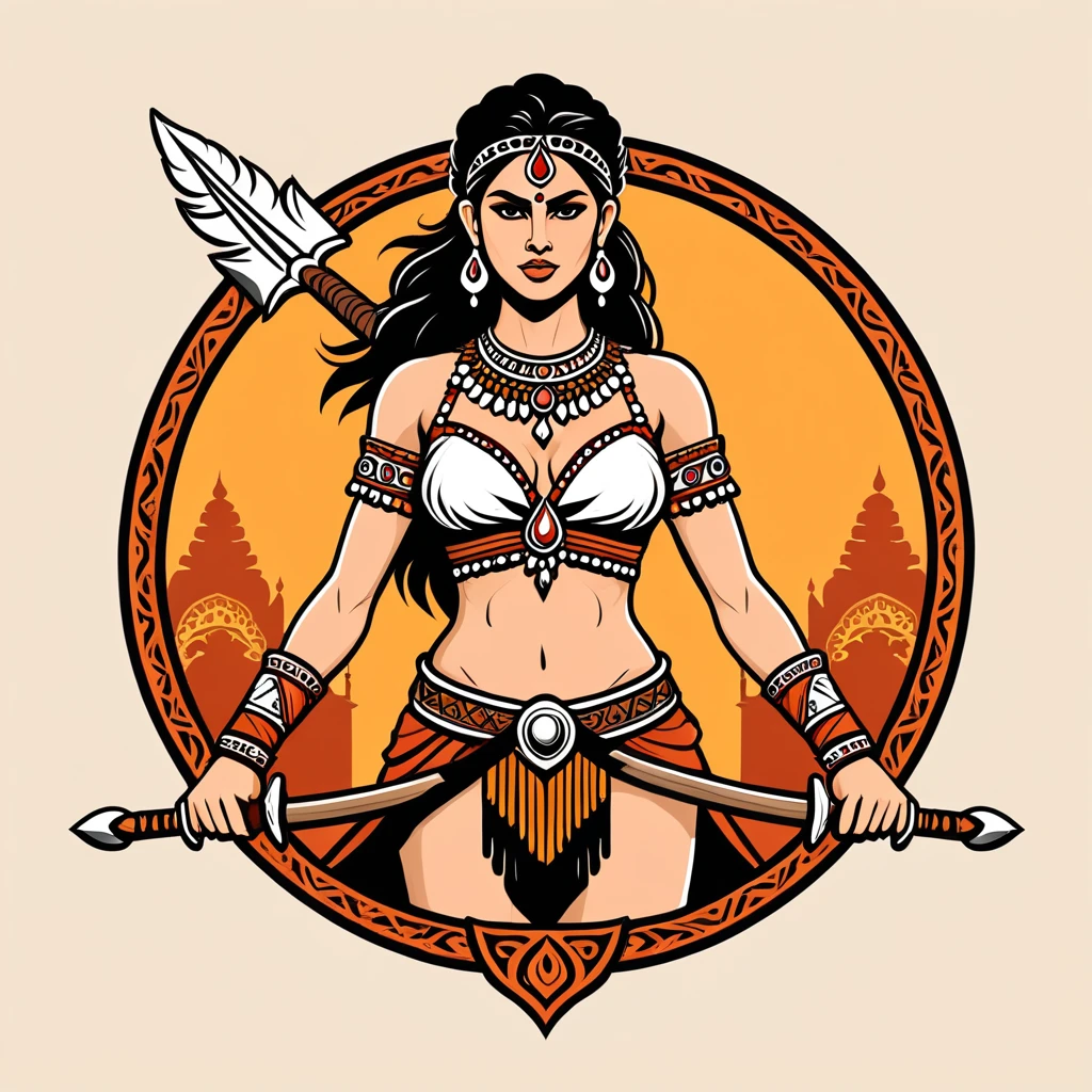 female barbarian in indian folk outfit, vector graphics, strong contours, logo design