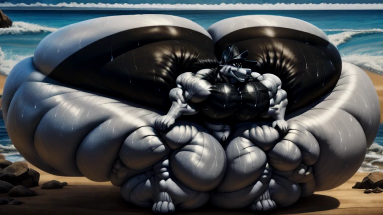 4k, high resolution, best quality, perfect lightning, perfect, solo, anthro, young, boy,white wolf:2.0, furry body, (fluffy mane:1.2), fluffy tail, male, adult, (bulky2:0, thick muscles2:0, huge muscles:2.0, hyper muscles:2.0), (thick biceps, veiny biceps, broad shoulders:2.0), (thick legs, thick calves:1.1), (digitigrade legs, 4 toes:1.2), perfect colors, (photorealistic fur, detailed fur, epic, masterpiece), (suggestive posing:1.2), (seductive smile, lustful grin 1.3), detailed beach,detailed wolf eyes:2.0, by k0suna, by darkgem,nipple ring,hyper arms:2.0,veins,white body,white fur,hyper butt:2.0,hyper paws:2.0,standing,thick legs,thick butts:2.0,sweat body:2.0,massive butt:2.0,black hat,hyper ass:2.0,huge ass,long legs,juicy butt:2.0,butt like a wall:1.5,fat butt,butt fill most of picture:2.0,fat legs