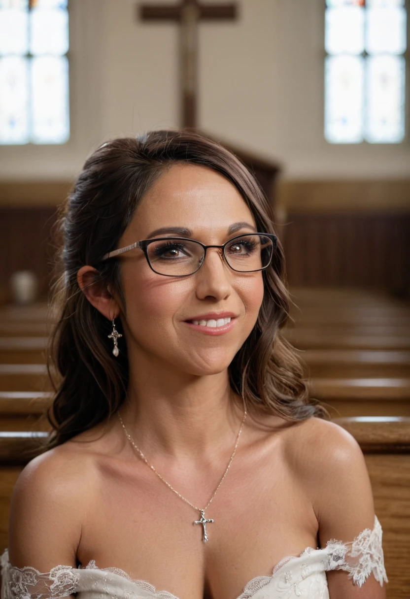 Lauren Boebert, body shot, 35 year old woman, small and dainty Christian cross necklace, glasses, brown eyes, beautiful hair, slightly wrinkled skin, wedding dress, lace, off shoulder, cleavage, sitting in church pew, bokeh,f1.4,40mm,photorealistic,raw,8k,skin pores,dried-up,textured skin,intricate details,dramatic light,award winning,style by Dan Winters,RAW photography,film grain,(indistinguishable from reality:1.4),photo taken with a Bolex H16,captivating eyes,smiling,charming,striking features,character,thorough,